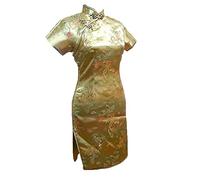 Vintage Drache und Phoenix Kurz Qipao Elegant Frauen Cheongsam Mandarinenkragen Sexy Mini Chinesisches Kleid Oversize Gold 1 6XL, Gold 1, XXXXXX-Large