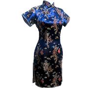 Vintage Drache und Phoenix Kurz Qipao Elegant Frauen Cheongsam Mandarinenkragen Sexy Mini Chinesisches Kleid Oversize Marineblau 1 XL, Marineblau 1, XL