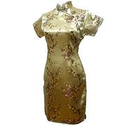 Vintage Drache und Phoenix Kurz Qipao Elegant Frauen Cheongsam Mandarinenkragen Sexy Mini Chinesisches Kleid Oversize Gold 2 XL, Gold 2, XL