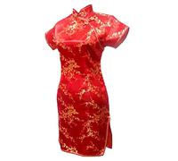 Vintage Drache und Phoenix Kurz Qipao Elegant Frauen Cheongsam Mandarinenkragen Sexy Mini Chinesisches Kleid Oversize, Rot 2, Medium