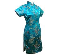 Vintage Drache und Phönix Kurz Qipao Elegant Frauen Cheongsam Mandarinenkragen Sexy Mini Chinesisches Kleid Oversize See Blue 5XL, seeblau, XXXXX-Large