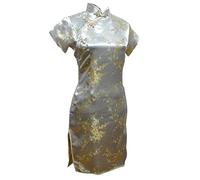 Vintage Drache und Phönix Kurz Qipao Elegant Frauen Cheongsam Mandarinenkragen Sexy Mini Chinesisches Kleid Oversize Gold 3L, Gold 3, L