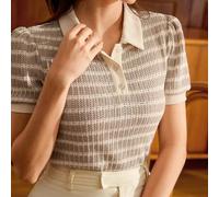 Vintage elegantes Damen gestreiftes Jacquard-Strukturiertes Poloshirt mit Knöpfen und Kontrastfarbe, lässiges Pendler-/Urlaubsoberteil für Frauen im S