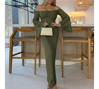 Vintage elegantes Damen gestricktes Jacquard-Spitzen-Mesh-Off-Shoulder figurbetontes Kleid für Urlaubspartys, lässigen Sommertragen, Urlaubs-Outfits f