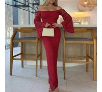 Vintage elegantes gestricktes Jacquard-Spitzen-Mesh-Kleid mit Off-Shoulder für Damen, figurbetontes Partykleid für Urlaub, Lässig-Outfit für den Somme