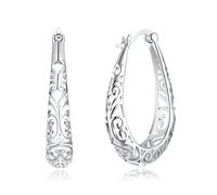 Vintage Filigrane 925 Sterling Silber Oval Kleine Creolen Ohrringe für Frauen Mädchen Mode Aushöhlung Textur Blume zierliche Träne Huggie Hoops Hypoallergene Klick Top Pierced Schmuck Geschenke