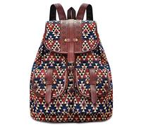 Vintage Frau Leinwand Rucksack Bohemien Mädchen Schultasche Mode Braun Rucksack mit Kordelzug Elegant Casual Daypack Geometrisches Muster der Dreiecksraute Outdoor Freizeit