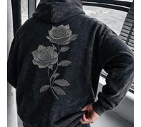 Vintage gewaschener Herren Hoodie Sweatshirt, Herbst/Winter Distressed künstlerischer Linien Rosen Großdruck lockerer Pullover mit Drop-Shoulder Lässi
