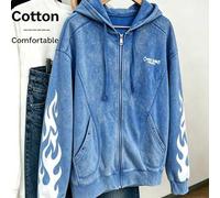 Vintage-gewaschener Oversized-Hoodie für Damen, Y2K Streetwear-Sweatshirt mit Flammenprint und Reißverschluss, lässige Baumwolljacke mit langen Ärmeln