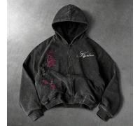 Vintage gewaschener schwarzer Full-Zip-Hoodie für Herren, Gothic-Burgunder-Spinnenlilien-Muster, Streetwear-Top im Y2K-Stil, lässige Outdoor-Freizeitj