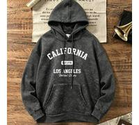 Vintage gewaschener schwarzer Hoodie, California Los Angeles Buchstaben-Muster Oversized Kapuzenpullover für Herren Damen Lässig Pullover Herbst
