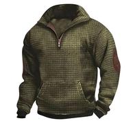 Vintage Herren-Sweatshirt, Waffelmuster, halber Reißverschluss, Rollkragen, Patched Ellenbogen, langärmelig, lässiger Pullover, Sweatshirt mit Taschen, Winter, warm, Sportpullover, langärmelig,