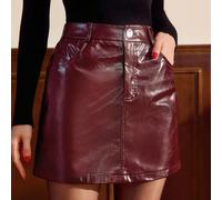 Vintage klassisch eleganter Damen Rock, anliegender PU-Leder Rock, Angola rot glänzender Lederrock, Taschen Minirock, Herbst/Winter