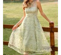 Vintage klassisch elegantes Blumenprint Midi-Kleid mit Schleife vorne, Mesh-besticktes Kleid, grünes Midi-Kleid, Frühling/Sommer