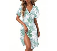 Vintage Kleider Damen, Sommerkleider Damen A-Linien Blumen Knielänge V Ausschnitt Kurz Flatterärmel Lässig Kleider für Frauen 2025 Sommer Urlaub mit Rüschen Ärmel C Mint Green XL