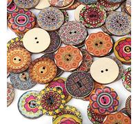 Vintage Knöpfe 100 Stücke Retro, 25mm Bunt aus Holz Kinderknöpfe Blumen Böhmen Gemischte Multicolor Runde Mit 2 Löcher zum Basteln, Nähen, Malerei, Handwerk, Deko (25 cm)