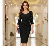 Vintage Kontrast Blumen Spitze Herzausschnitt Rüschen Saum 3/4 Ärmel Cocktail Party Bodycon Kleid, Bleistiftkleid, Arbeitskleid, Bürokleid