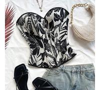 Vintage Korsett-Top im Monet-Malstil, sexy Off-Shoulder Bustier, avantgardistisches Mieder, Blumen-Silhouette Jacquard-Stoff, Schwarz & Weiß, geeignet