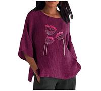 Vintage Leinenbluse Damen 3/4 Ärmel Bluse Baumwolle Leinen T-Shirt Oversize Einfarbig Leinenhemd Oberteile Longbluse Rundhals Pullover Locker Tshirt Casual Sommer Tunika Tops Shirt für Frauen