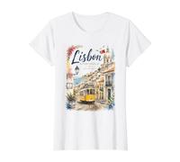 Vintage Lissabon City Portugal Tram Aquarell Reise Souvenir Preisgünstiges Grafik-T-Shirt, Damen, Weiß, XL