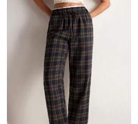 Vintage marineblau & braun karierte Culotte-Hose, hoher Bund mit Kordelzug, weite Beine, lässige schlankmachende Karomuster Hose, vielseitig für Arbei