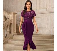 Vintage Pailletten Blumen Spitze Rüschen Saum Meerjungfrau Kurzarm Cocktail Party figurbetontes langes Kleid