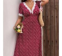 Vintage rotes Blumen-Spitzenkleid mit V-Ausschnitt, französisch-romantisches tailliertes schlankemachendes Teelanges Kleid, Urlaubsstimmung