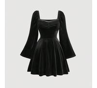 Vintage Samtkleid in Große Größen mit quadratischem Kragen, gerüschtem Brustbereich, plissiertem Ärmel und ausgestelltem Rock