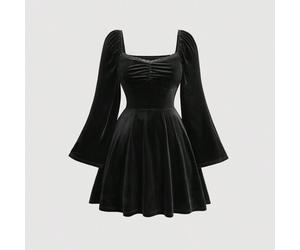 Vintage Samtkleid in Große Größen mit quadratischem Kragen, gerüschtem Brustbereich, plissiertem Ärmel und ausgestelltem Rock