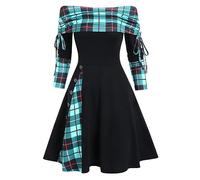 Vintage Schulterfreies Kleid Damen Retro Langarm Cocktailkleid Damen Festliche Kariertes Patchwork Kleider Für Damen Kleider Damen Festlich Elegant 20Er Jahre Kleid Kleidung Damen (Black, L)