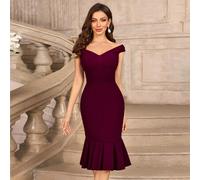 Vintage solide V-Ausschnitt Schleife Meerjungfrau Saum Cocktail Party körperbetontes Kleid Hochzeitsgast Kleid