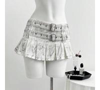 Vintage Stil Minirock aus Jeans mit doppeltem Bund und Falten, abgenutzt