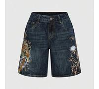Vintage Streetwear Chinesischer Stil Tiger & Blumen bestickte weite Loose-Fit Jeans Shorts mit niedriger Taille