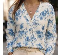 Vintage Tinte Blau Blumen Strick-Cardigan, vertikal gerippter V-Ausschnitt Lässig All-Over Blumenmuster Crop Top Urlaub