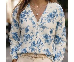 Vintage Tinte Blau Blumen Strick-Cardigan, vertikal gerippter V-Ausschnitt Lässig All-Over Blumenmuster Crop Top Urlaub