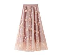 Vintage-Tüllrock für Damen, elastisch, hohe Taille, 3 Schichten, A-Linie, Stickerei, Netzrock, Lange Braut-Tutu-Röcke,Rosa,XXL