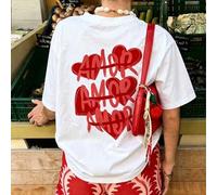 Vintage weißes Herz "AMOR" Graffiti Muster lockeres T-Shirt, Y2K Stil süßes Top, lateinamerikanischer Liebesslogan, weiches lässiges T-Shirt geeignet