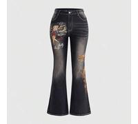 Vintage Y2K Millennium Retro Betty Chinesischer Stil Drachen Muster & Stickerei Bootcut Jeans in Große Größen
