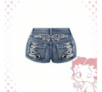 Vintage Y2K Punk Abby Tief Sitzende Super Kurze Bestickte Denim-Shorts für Frauen
