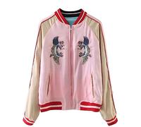 Viport Damen Reversible Crane Tiger Fujiyama Stickerei Bomberjacke Japanischer Stil Rosa Blau, Schwarz, XL