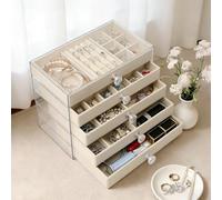 VirtuGro 5 Ebenen Schmuckaufbewahrung Schmuckkasten Groß mit transparentem Acrylgehäuse Jewelry Organizer Schmuckschatulle Schmuckkästchen Damen Geschenk Schmuckbox für Halsketten Ringe (Beige)