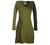 Vishes - Alternative Bekleidung - Asymmetrisches Damen Lagenlook Kleid Baumwolle mit Spitze Bedruckt Olive 40-42