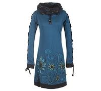 Vishes - Alternative Bekleidung - Bedrucktes Langarm Damen Blumen Kleid mit Schalkragen und Schnüren türkis 36