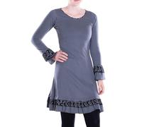 Vishes Alternative Bekleidung - Damen A-Linie Kleid Baumwolle Blumen-Muster Rüschen am Saum und Ärmel grau 42