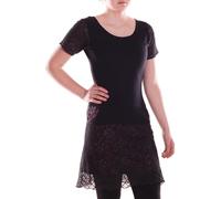 Vishes Alternative Bekleidung - Damen A-Linie Kleid Baumwolle Blumen-Muster Rundhals schwarz 34-36