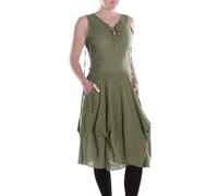 Vishes Alternative Bekleidung - Damen knielanges Kleid Baumwolle Casual verstellbares Kleid im Lagen-Design mit Taschen Olive 38