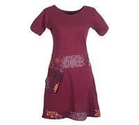 Vishes - Alternative Bekleidung - Damen Kurzarm Kleid Tunika Hippie Blumen Muster Sidebag Tasche dunkelrot 44