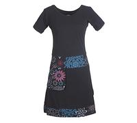 Vishes - Alternative Bekleidung - Damen Kurzarm Kleid Tunika Hippie Blumen Muster Sidebag Tasche schwarz 44