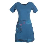 Vishes - Alternative Bekleidung - Damen Kurzarm Kleid Tunika Hippie Blumen Muster Sidebag Tasche türkis 34-36