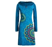 Vishes - Alternative Bekleidung - Damen Mandala-Kleid Langarm-Shirtkleid Schal-Kragen Baumwollkleid türkis 42-44